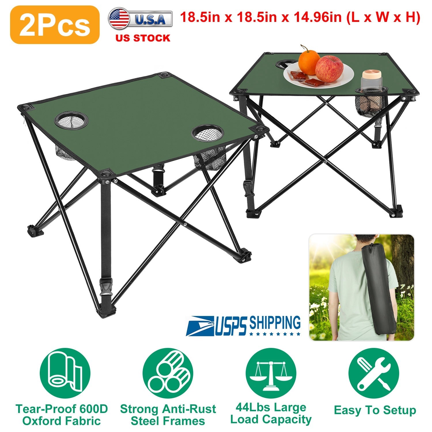 2Pcs Foldable Camping Table Portable Picnic Table Lightweight Travel Desk with 2 Cup Holders/Table Carrying Bag - Energize Trek