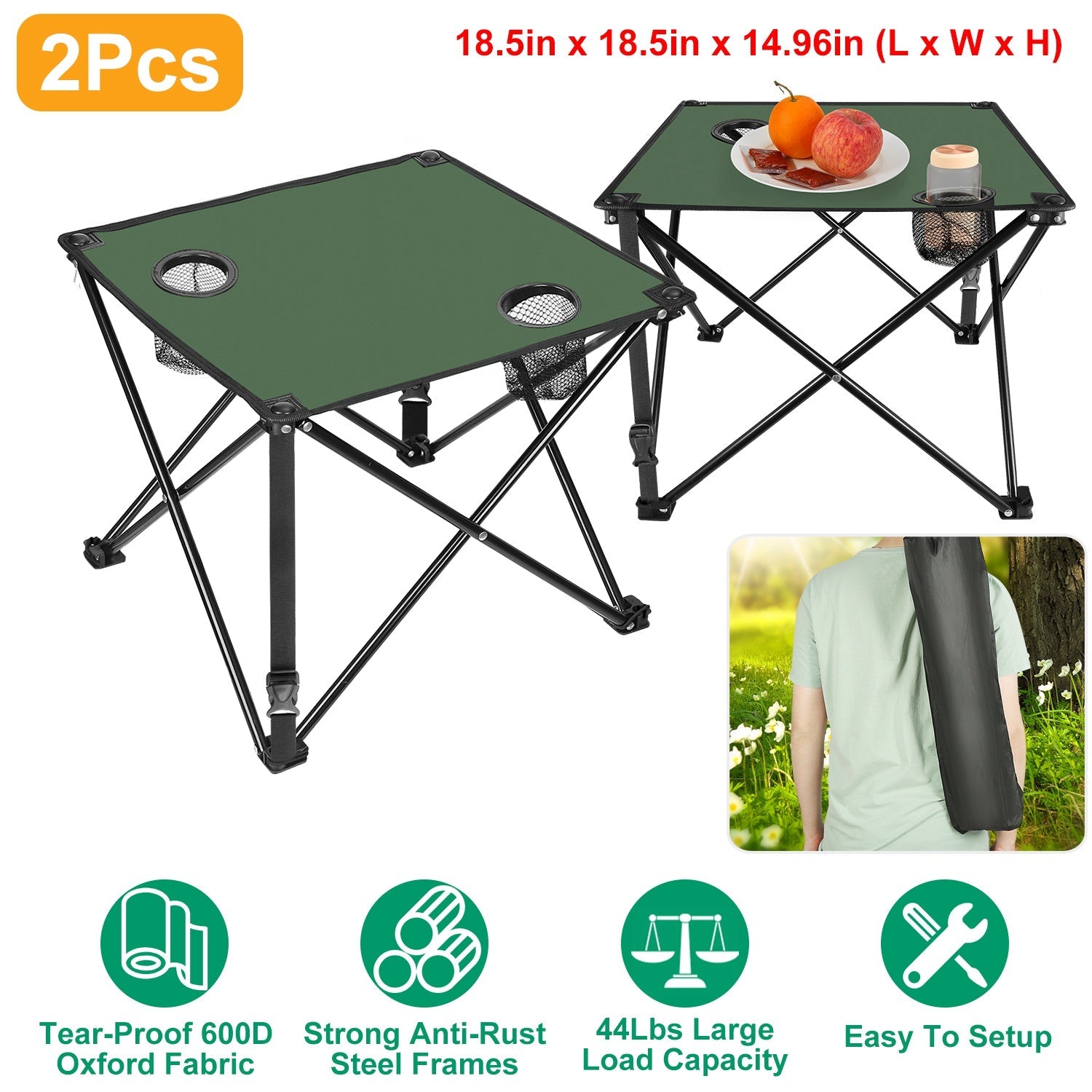 2Pcs Foldable Camping Table Portable Picnic Table Lightweight Travel Desk with 2 Cup Holders/Table Carrying Bag - Energize Trek
