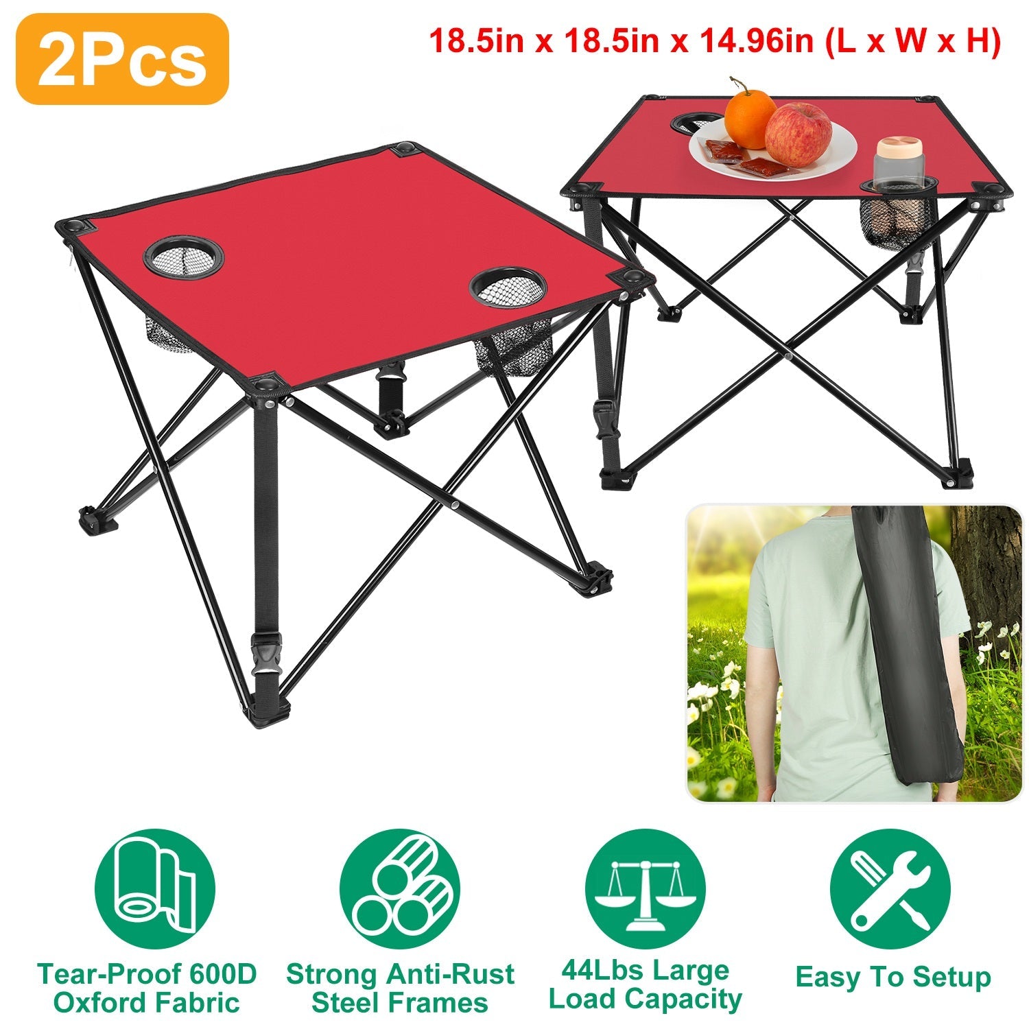 2Pcs Foldable Camping Table Portable Picnic Table Lightweight Travel Desk with 2 Cup Holders/Table Carrying Bag - Energize Trek