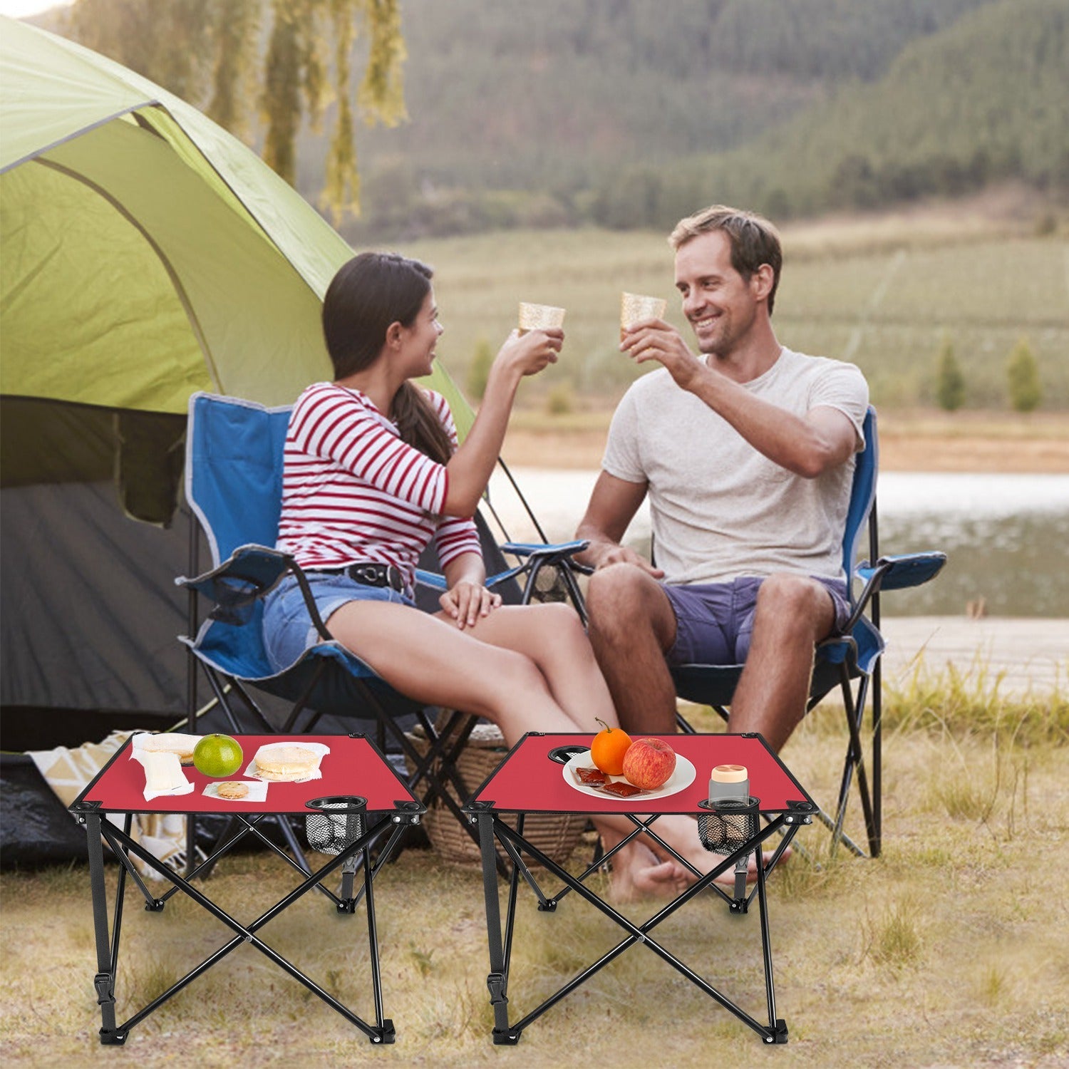 2Pcs Foldable Camping Table Portable Picnic Table Lightweight Travel Desk with 2 Cup Holders/Table Carrying Bag - Energize Trek
