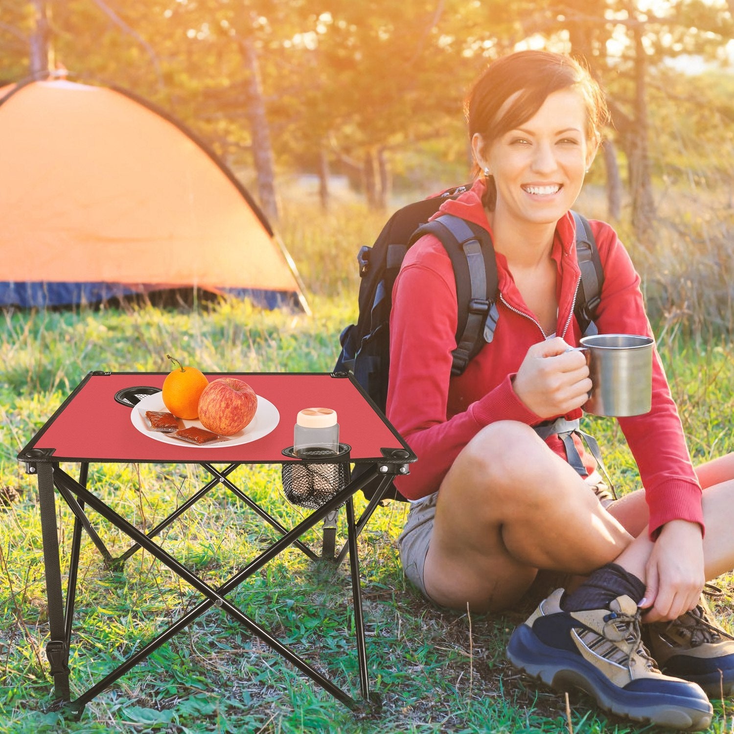2Pcs Foldable Camping Table Portable Picnic Table Lightweight Travel Desk with 2 Cup Holders/Table Carrying Bag - Energize Trek