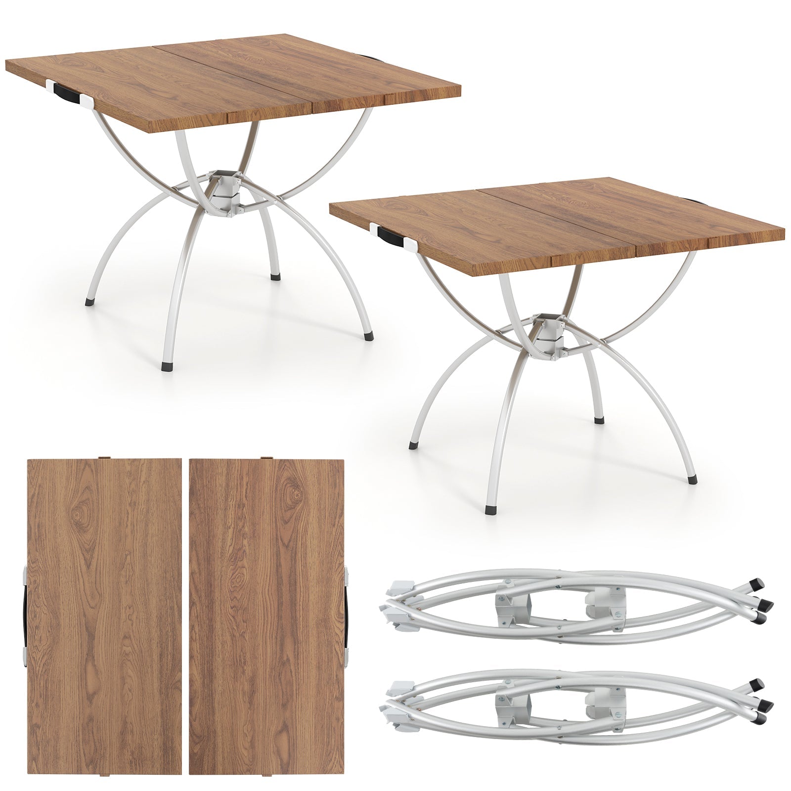 2 Pack Folding Camping Table with Wood-grain Tabletop for Hiking Party-Natural
