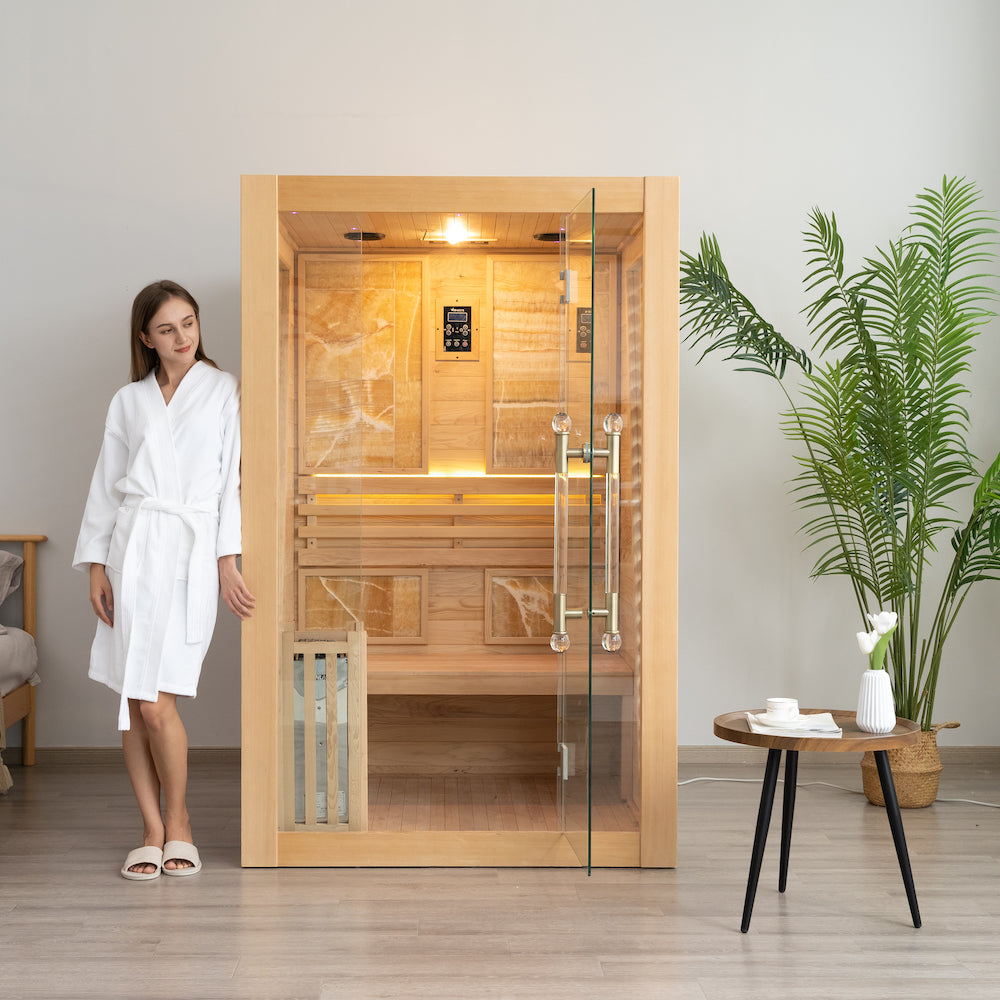 SAUNA EVOLUTION®  Commercial Red Cedar Hemlock Indoor Steam Sauna Room Glass 01 - Energize Trek