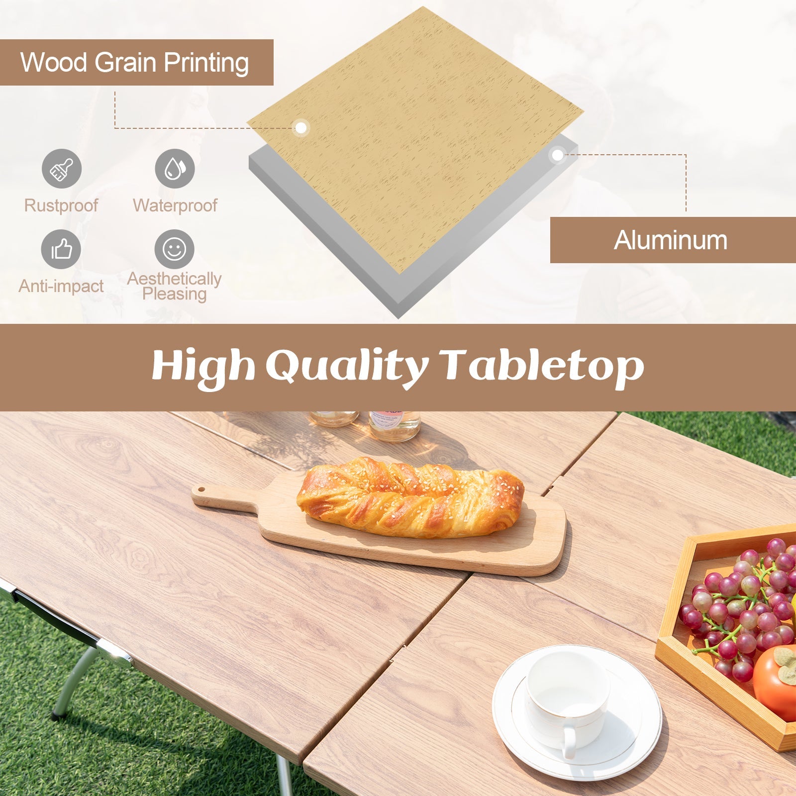 2 Pack Folding Camping Table with Wood-grain Tabletop for Hiking Party-Natural