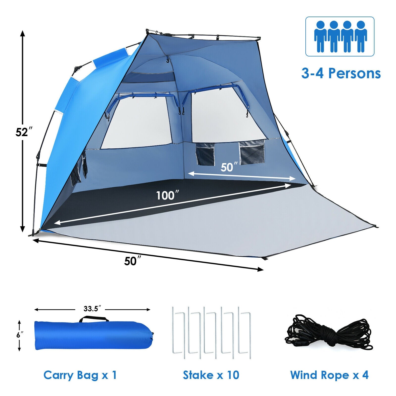 3-4 Person Easy Pop Up Beach Tent UPF 50+ Portable Sun Shelter - Energize Trek