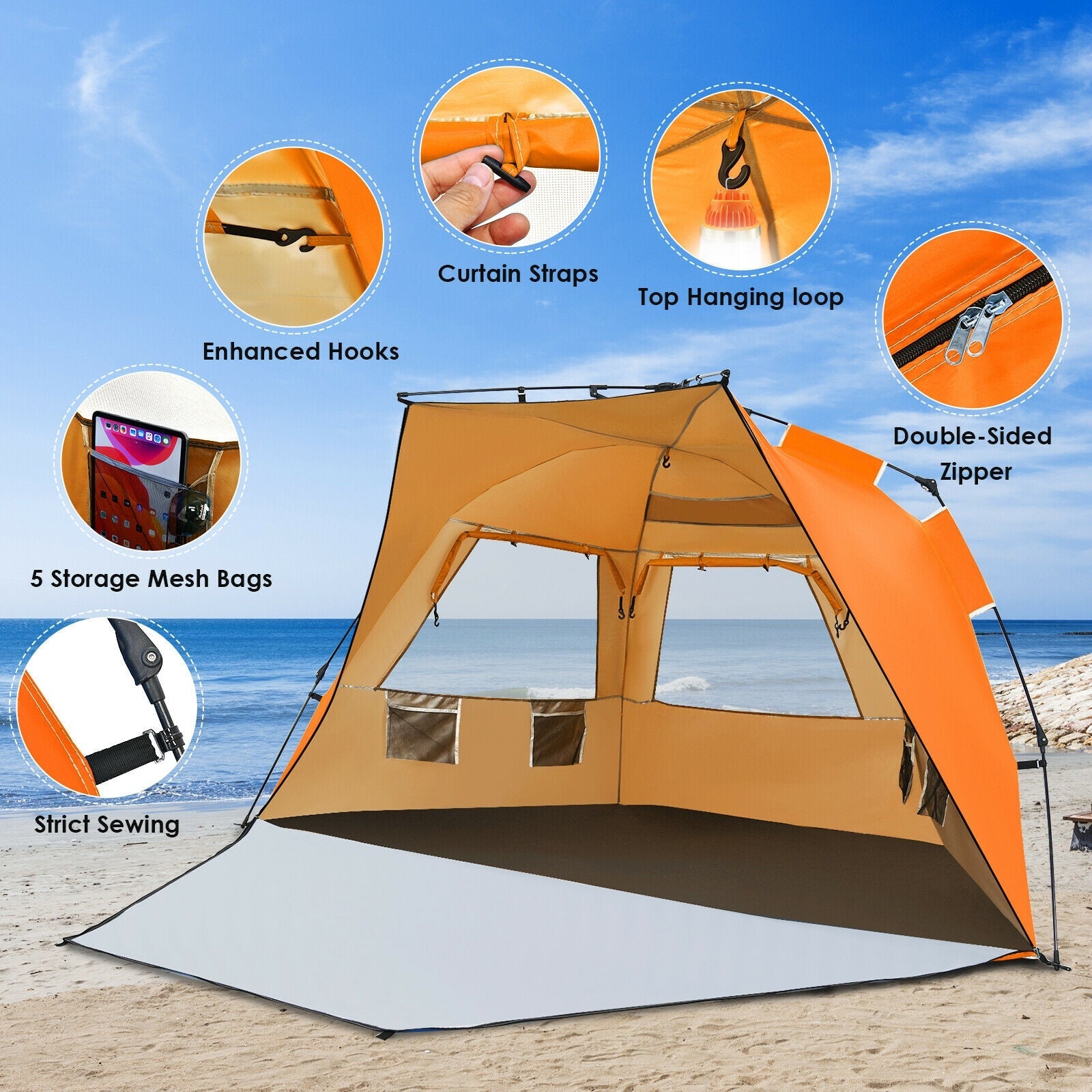 3-4 Person Easy Pop Up Beach Tent UPF 50+ Portable Sun Shelter - Energize Trek