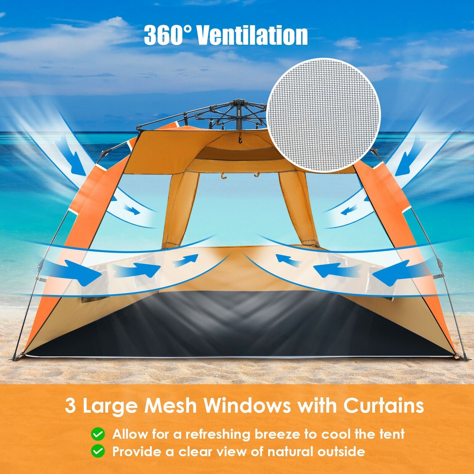 3-4 Person Easy Pop Up Beach Tent UPF 50+ Portable Sun Shelter - Energize Trek