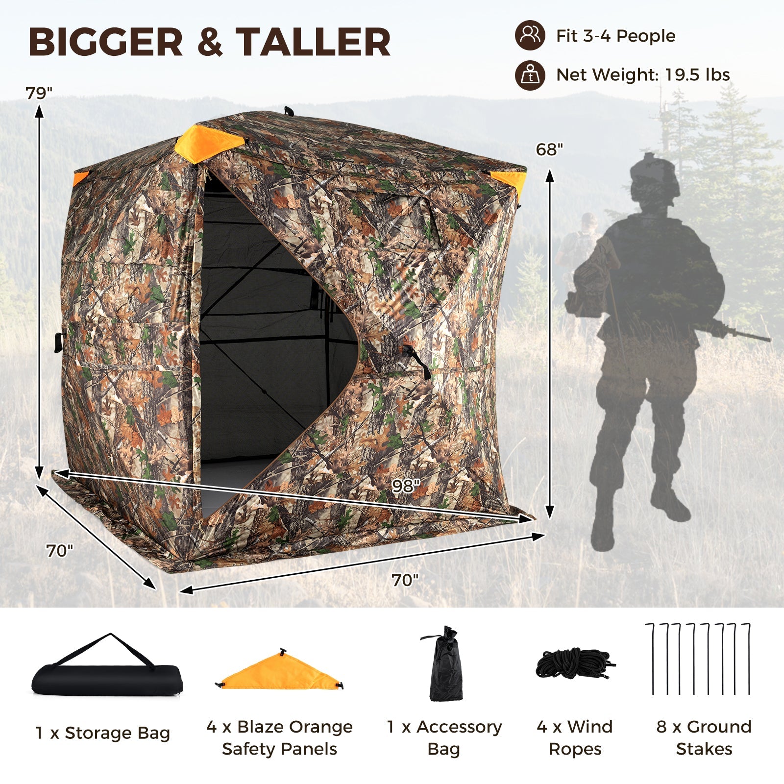 3-4 Person Hunting Blind 270° See-Through Pop-up Ground Blind with Full-Open Swing Door - Energize Trek