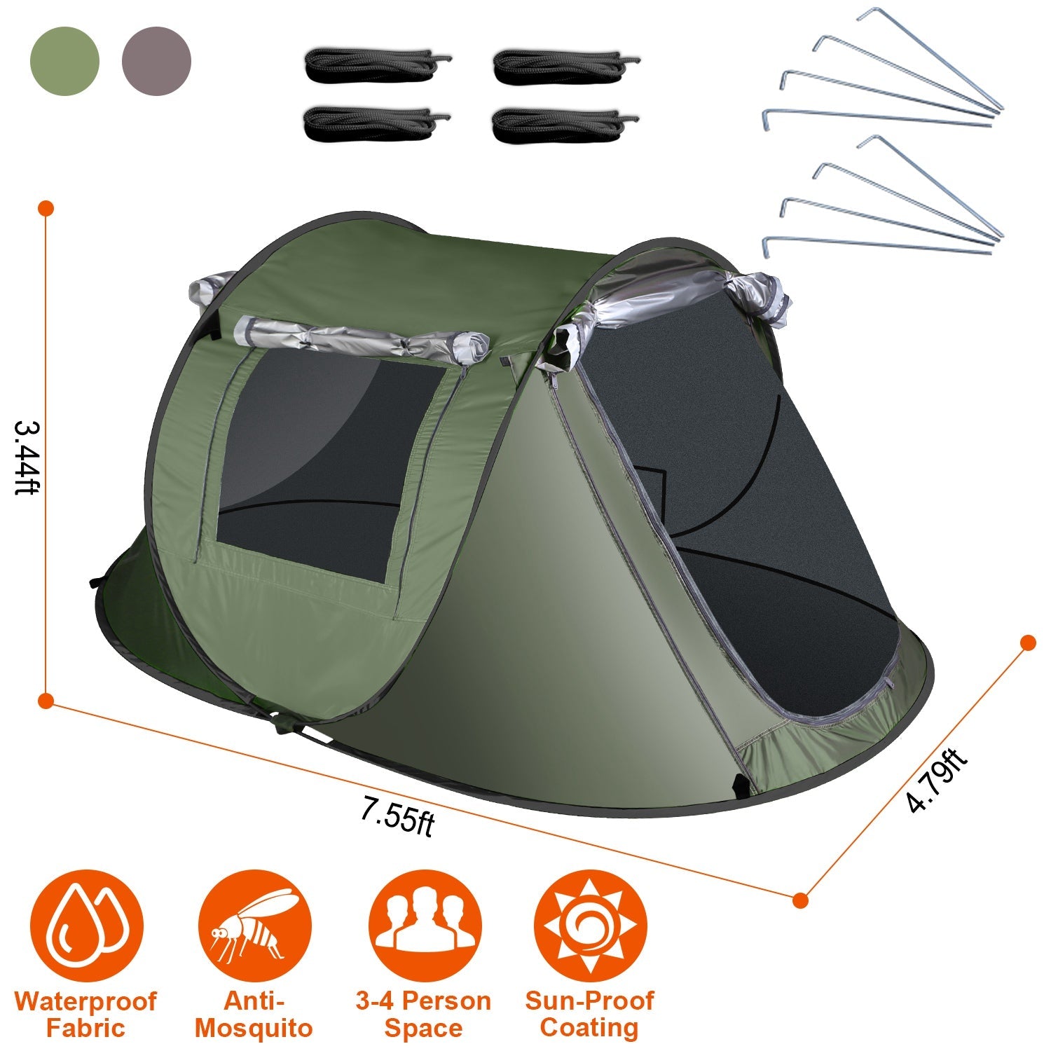 3-4 Person Pop Up Tent Automatic Setup Camping Tent Waterproof Instant Setup Tent with 2 Mosquito Net Windows Carrying Bag for Hiking Climbing Adventu - Energize Trek