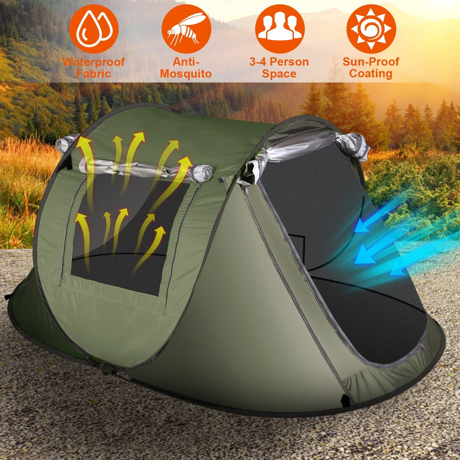 3-4 Person Pop Up Tent Automatic Setup Camping Tent Waterproof Instant Setup Tent with 2 Mosquito Net Windows Carrying Bag for Hiking Climbing Adventu - Energize Trek