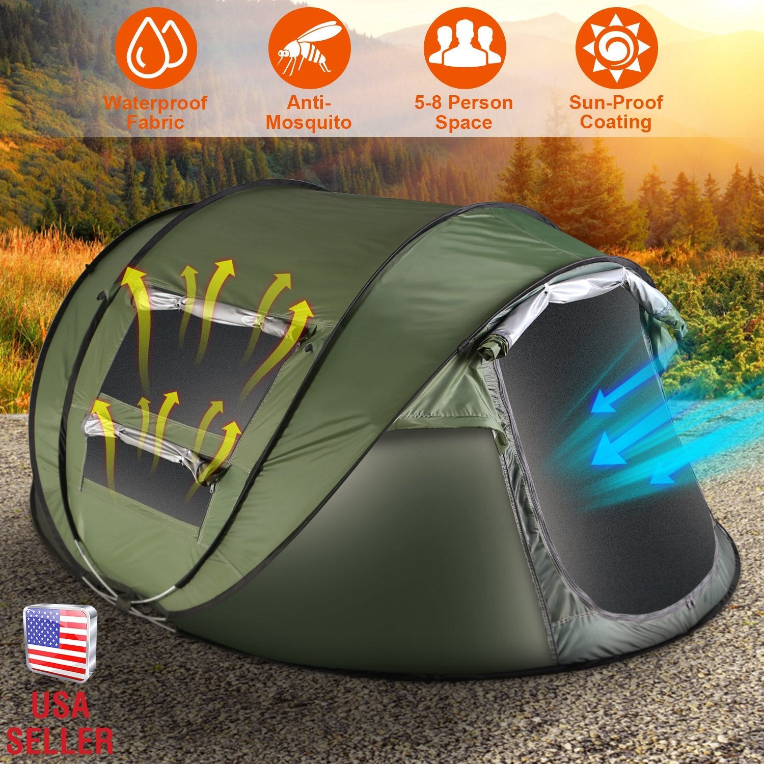3-4 Person Pop Up Tent Automatic Setup Camping Tent Waterproof Instant Setup Tent with 2 Mosquito Net Windows Carrying Bag for Hiking Climbing Adventu - Energize Trek