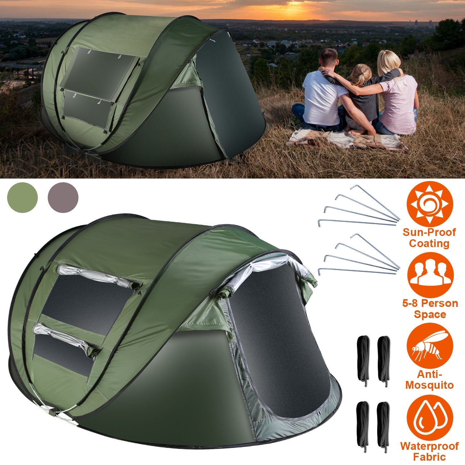 3-4 Person Pop Up Tent Automatic Setup Camping Tent Waterproof Instant Setup Tent with 2 Mosquito Net Windows Carrying Bag for Hiking Climbing Adventu - Energize Trek