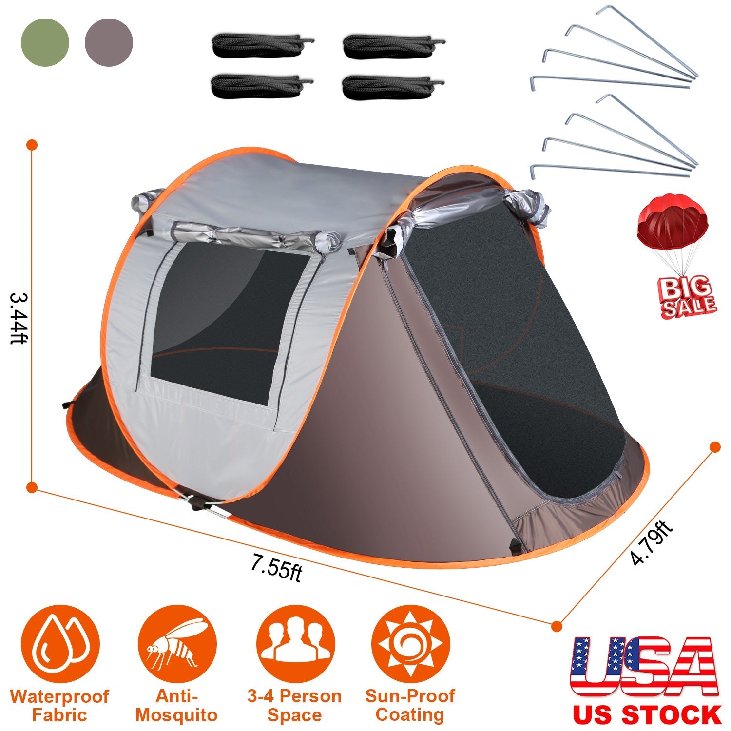 3-4 Person Pop Up Tent Automatic Setup Camping Tent Waterproof Instant Setup Tent with 2 Mosquito Net Windows Carrying Bag for Hiking Climbing Adventu - Energize Trek