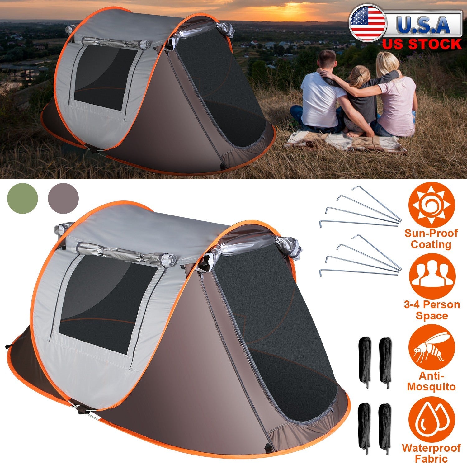 3-4 Person Pop Up Tent Automatic Setup Camping Tent Waterproof Instant Setup Tent with 2 Mosquito Net Windows Carrying Bag for Hiking Climbing Adventu - Energize Trek