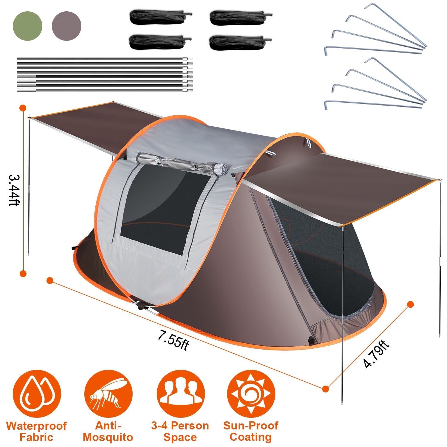 3-4 Person Pop Up Tent Automatic Setup Camping Tent Waterproof Instant Setup Tent with 2 Mosquito Net Windows Carrying Bag for Hiking Climbing Adventu - Energize Trek