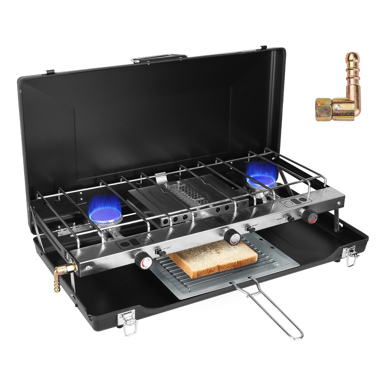3 Burner Camping Stove 20000 BTU Portable Foldable Propane Stove With Toast Tray Windshield Portable Handle Outdoor Cooking Gas Stove For RV Camping B - Energize Trek