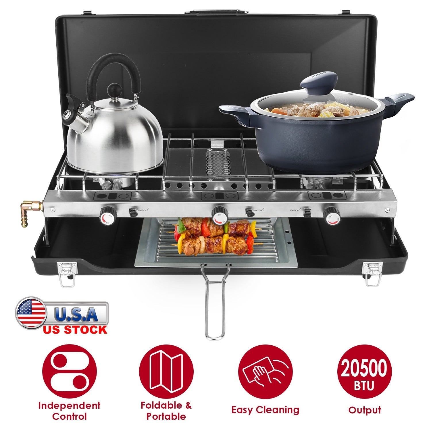 3 Burner Camping Stove 20000 BTU Portable Foldable Propane Stove With Toast Tray Windshield Portable Handle Outdoor Cooking Gas Stove For RV Camping B - Energize Trek