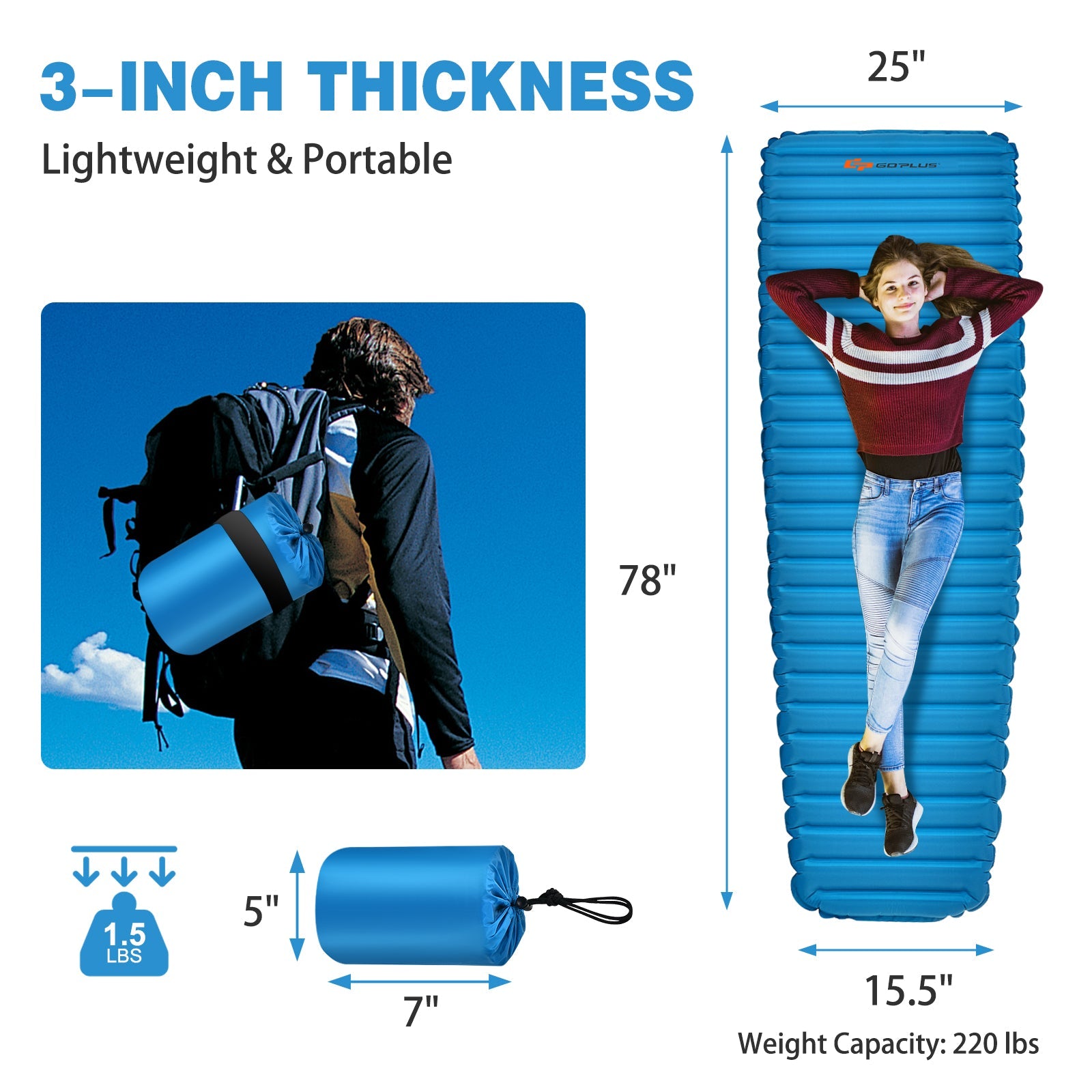3 Inch Thick Inflatable Waterproof Camping Sleeping Pad - Energize Trek