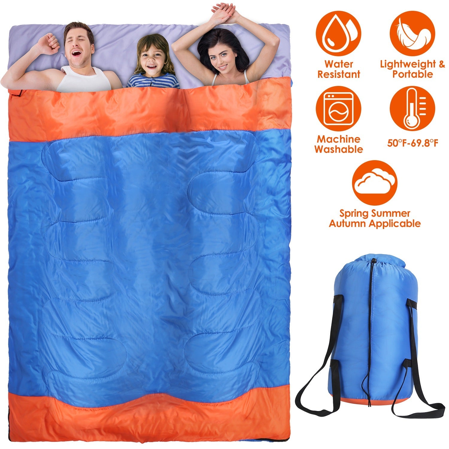 3 People Sleeping Bag for Adult Kids Lightweight Water Resistant Camping Cotton Liner Cold Warm Weather Indoor Outdoor Use 3 Season with Sack for Spri - Energize Trek