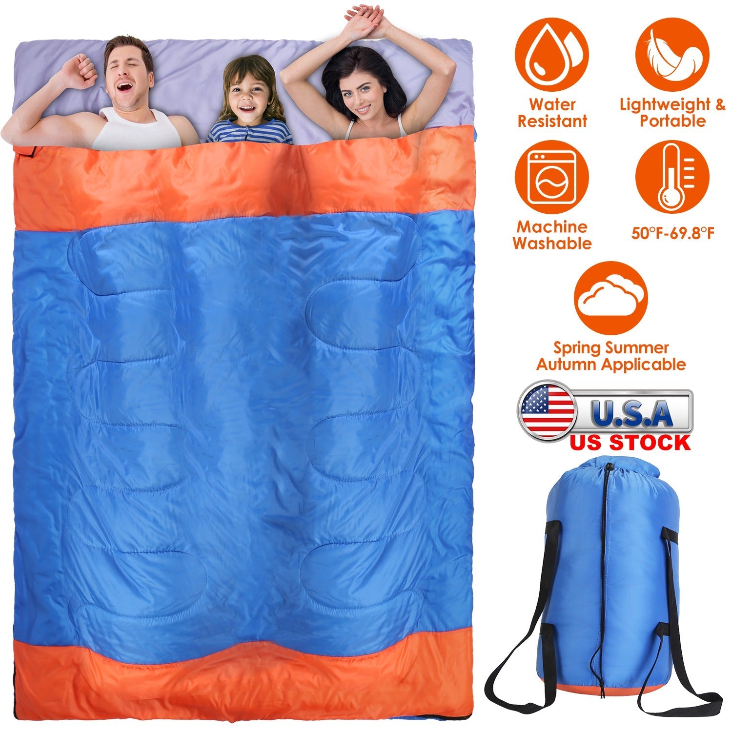3 People Sleeping Bag for Adult Kids Lightweight Water Resistant Camping Cotton Liner Cold Warm Weather Indoor Outdoor Use 3 Season with Sack for Spri - Energize Trek