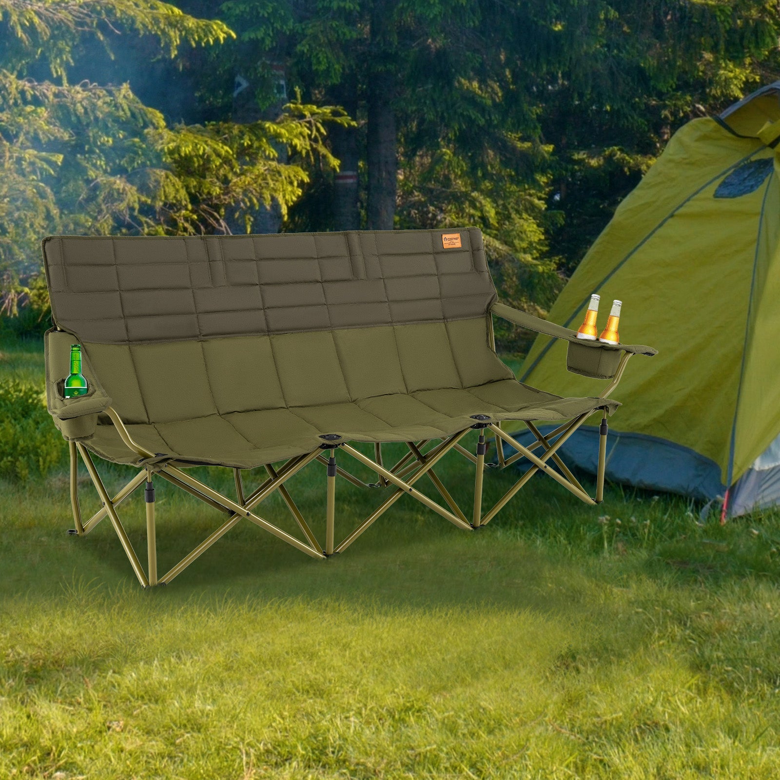 3 Person Folding Camping Chair with 2 Cup Holders Cotton Padding & Storage Bag - Energize Trek