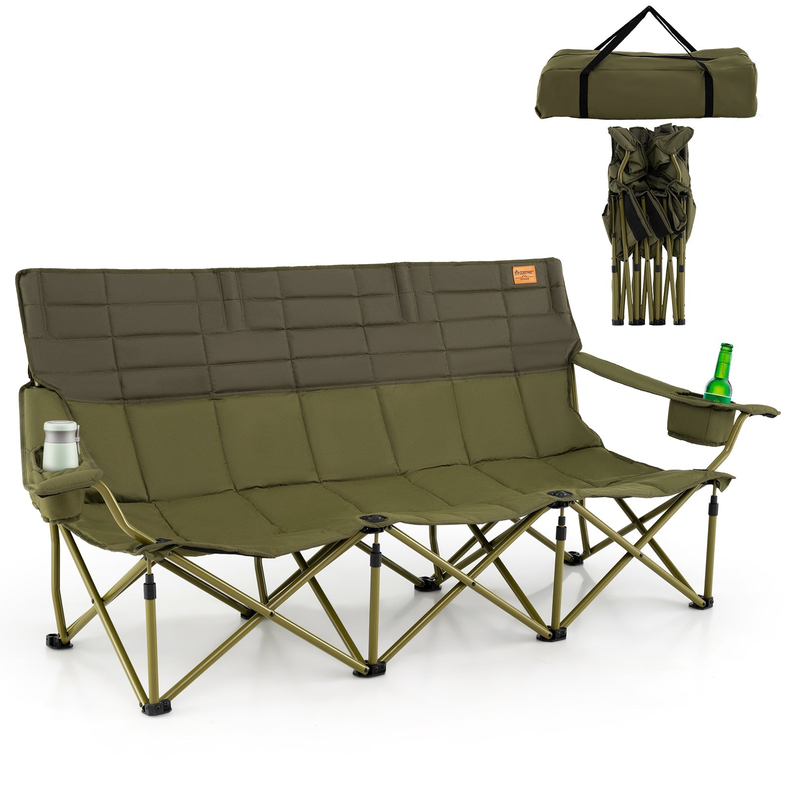 3 Person Folding Camping Chair with 2 Cup Holders Cotton Padding & Storage Bag - Energize Trek