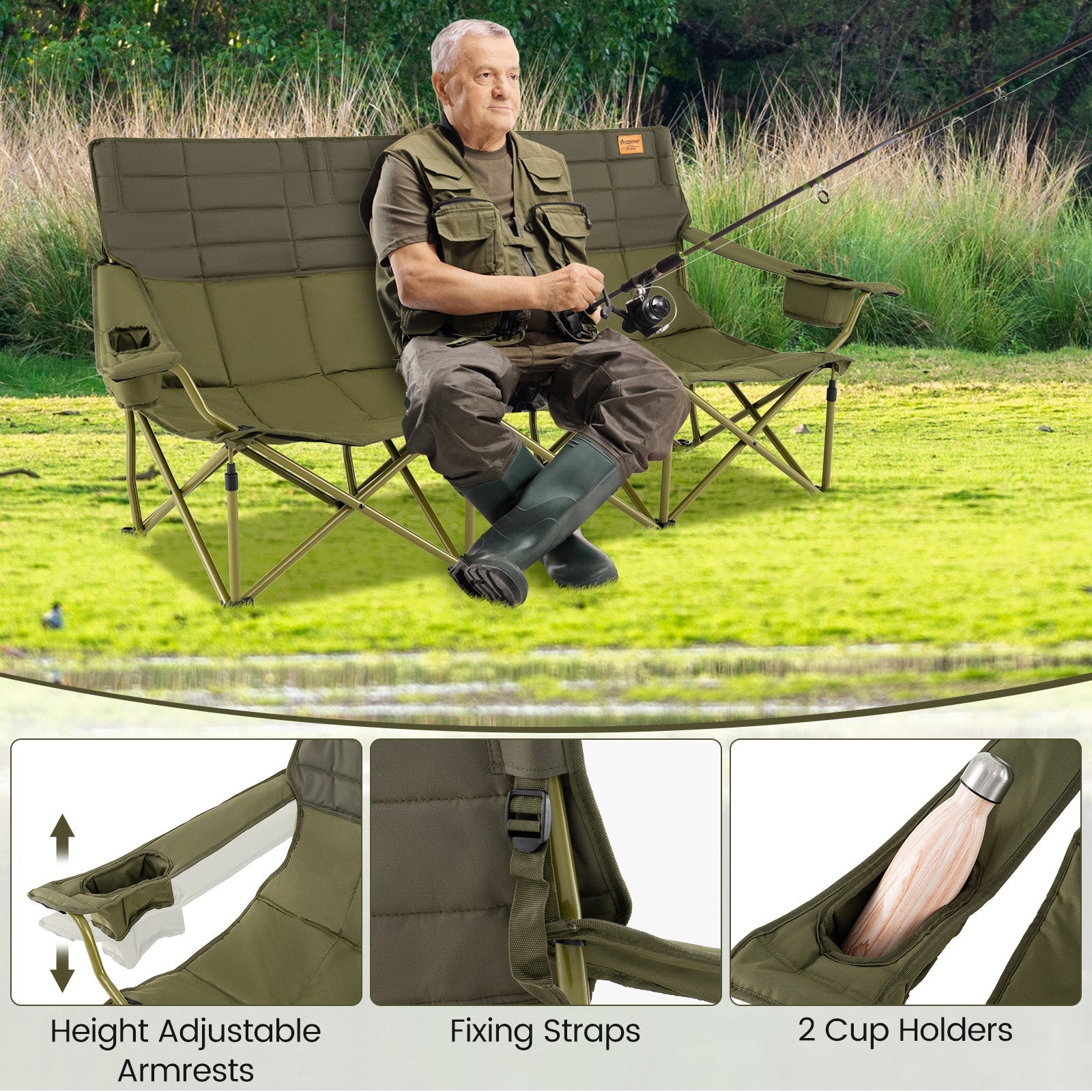 3 Person Folding Camping Chair with 2 Cup Holders Cotton Padding & Storage Bag - Energize Trek