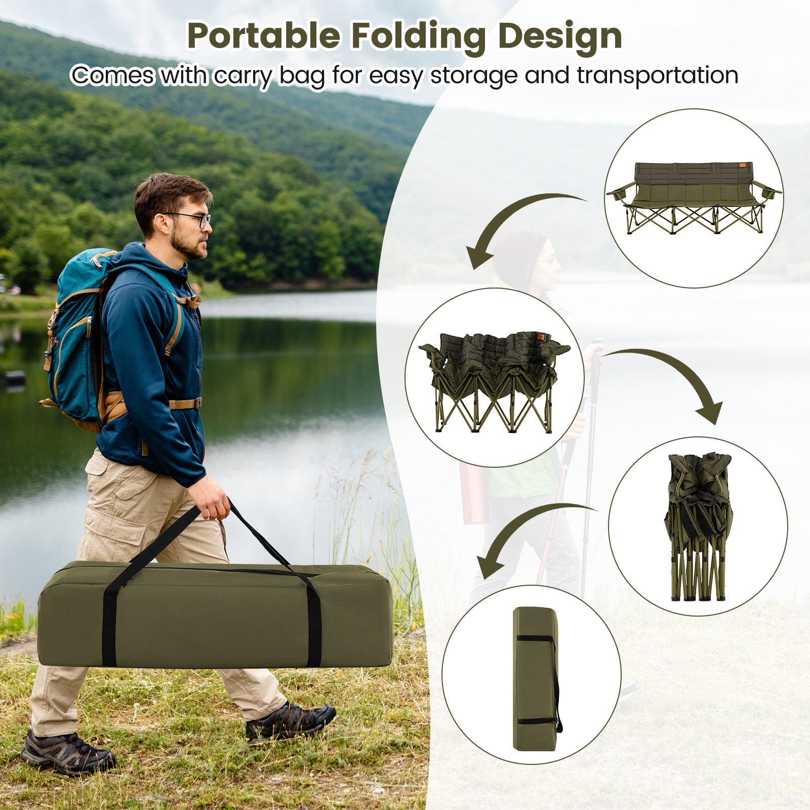 3 Person Folding Camping Chair with 2 Cup Holders Cotton Padding & Storage Bag - Energize Trek