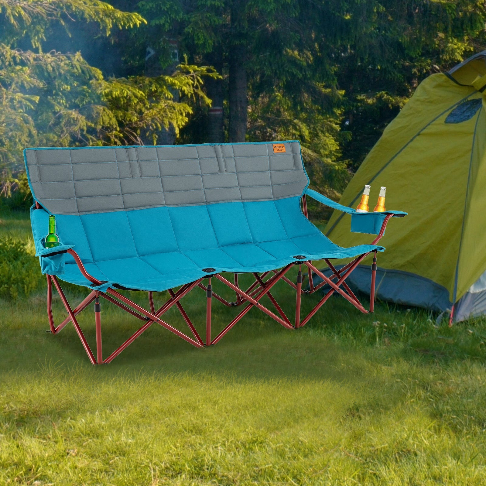 3 Person Folding Camping Chair with 2 Cup Holders Cotton Padding & Storage Bag - Energize Trek
