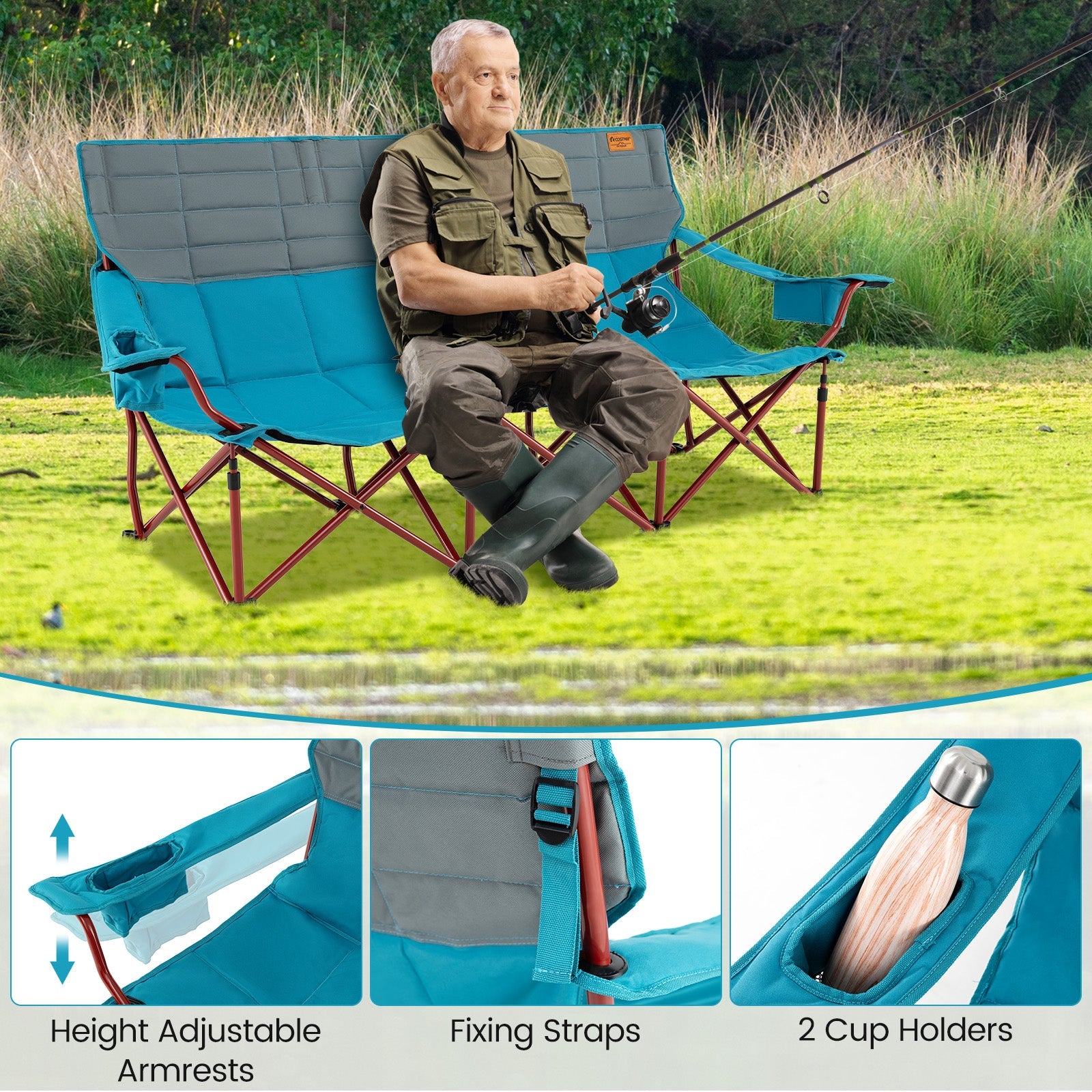 3 Person Folding Camping Chair with 2 Cup Holders Cotton Padding & Storage Bag - Energize Trek