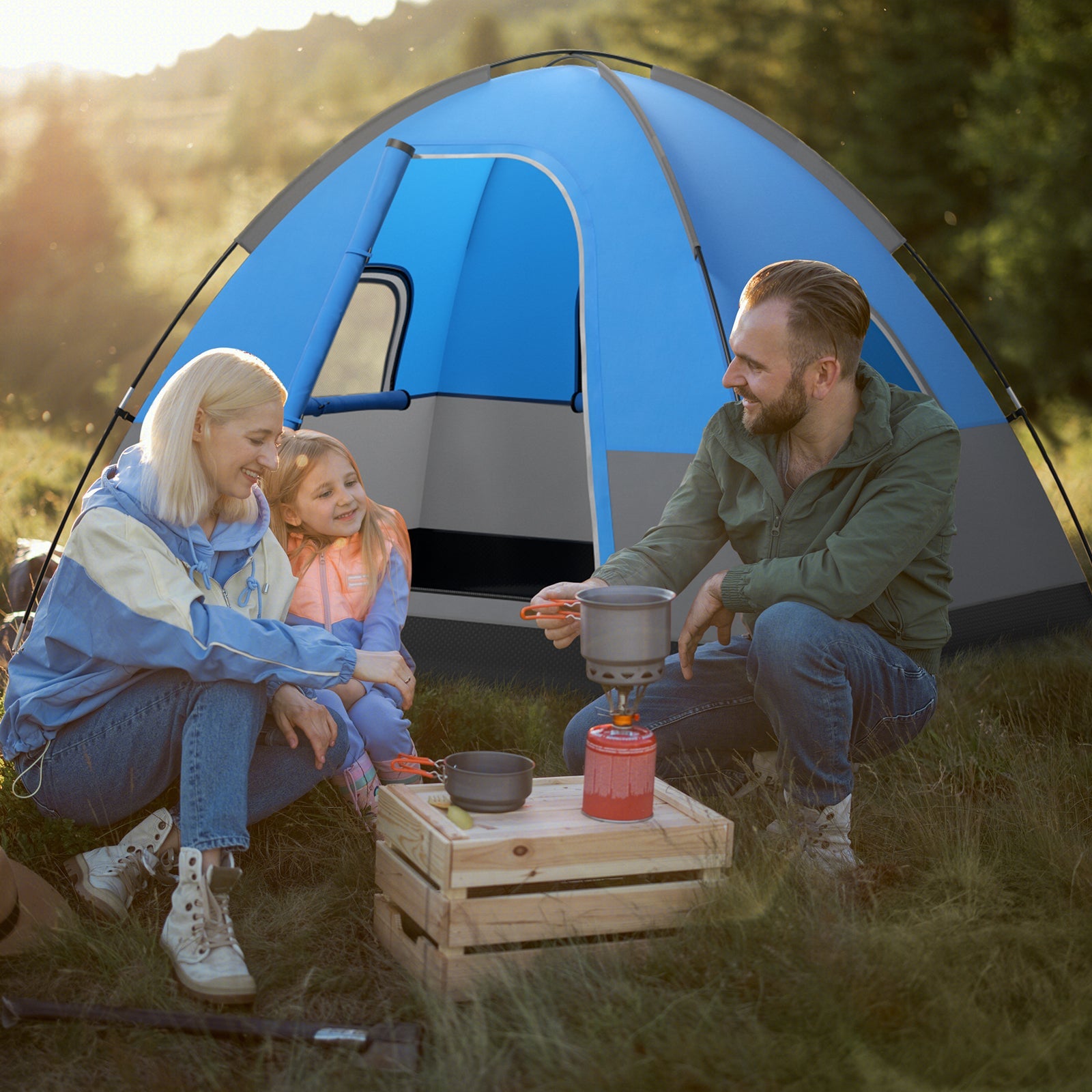 3 Person Outdoor Camping Tent with Removable Floor Mat for Camping Hiking Traveling-Blue - Energize Trek