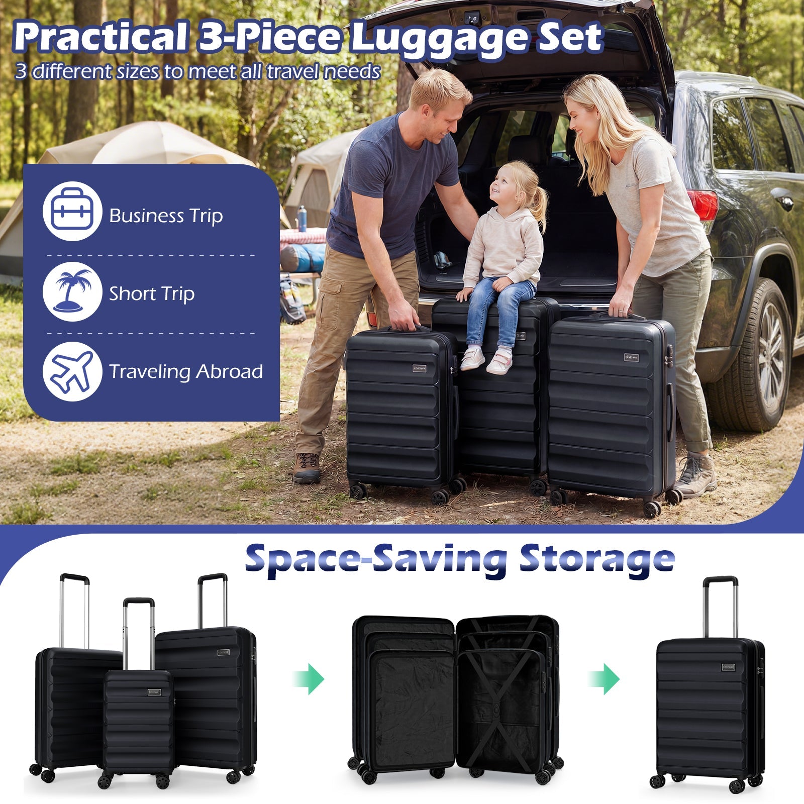 3-Piece Hardside Luggage Set 20/24/28 Inch Lightweight Hardside Suitcases - Energize Trek