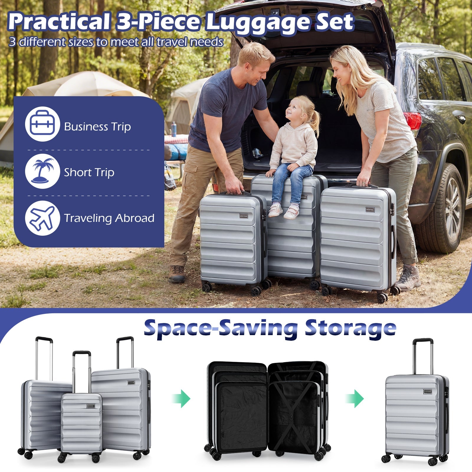 3-Piece Hardside Luggage Set 20/24/28 Inch Lightweight Hardside Suitcases - Energize Trek