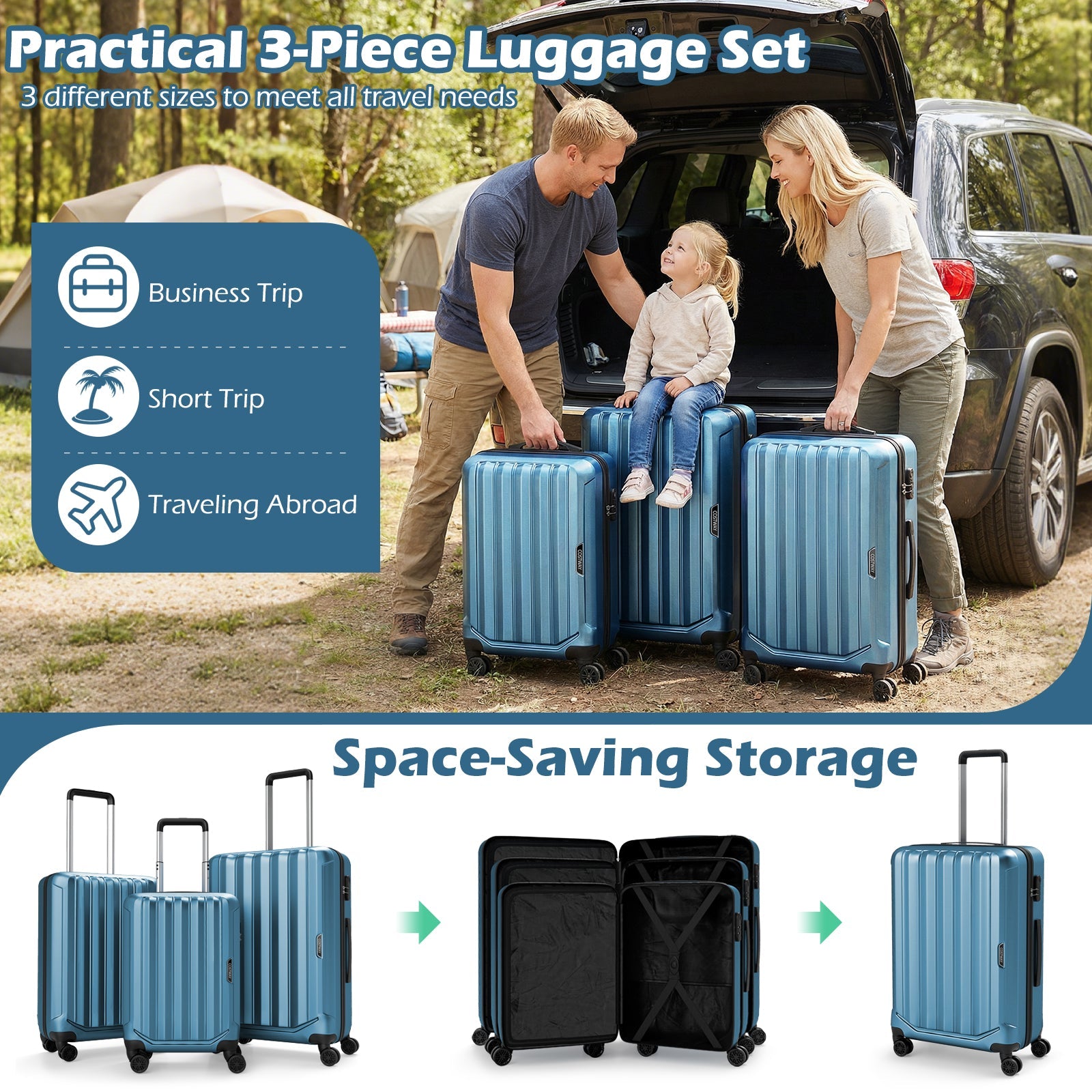 3-Piece Hardside Luggage Set (20/24/28 Inch) Lightweight with 3-Digital Lock - Energize Trek