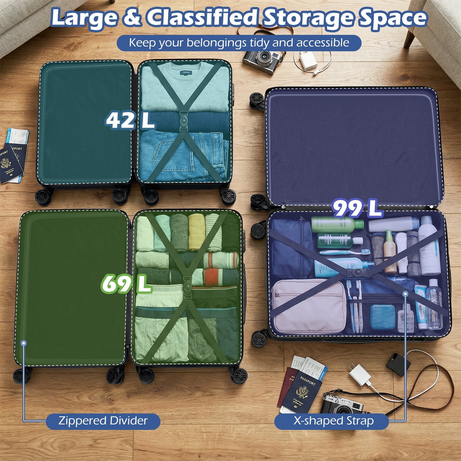 3-Piece Hardside Luggage Set (20/24/28 Inch) Lightweight with 3-Digital Lock - Energize Trek