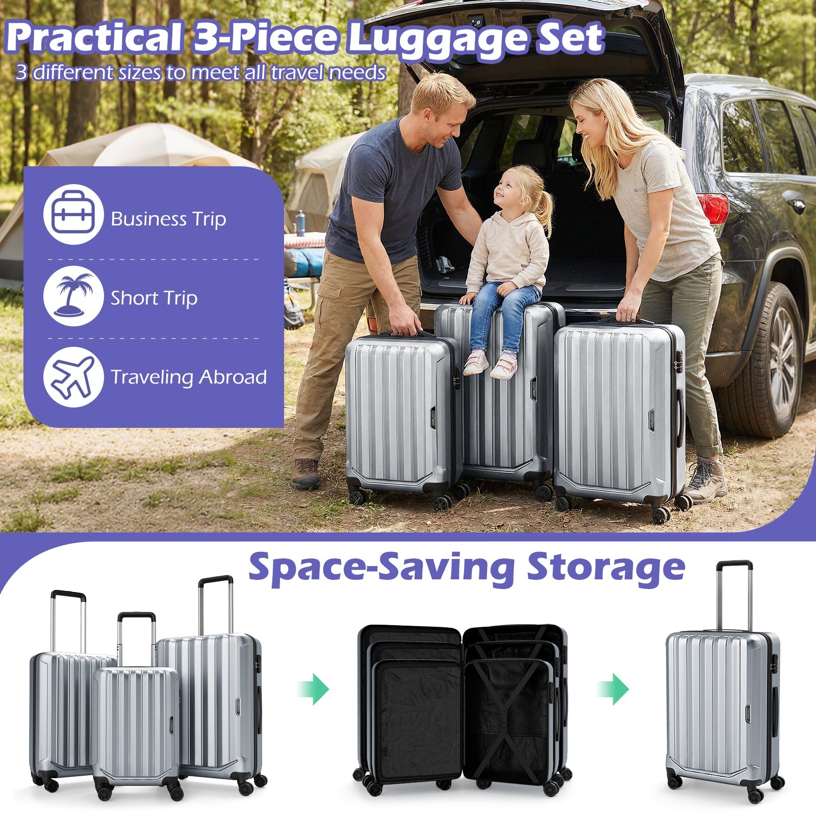 3-Piece Hardside Luggage Set (20/24/28 Inch) Lightweight with 3-Digital Lock - Energize Trek