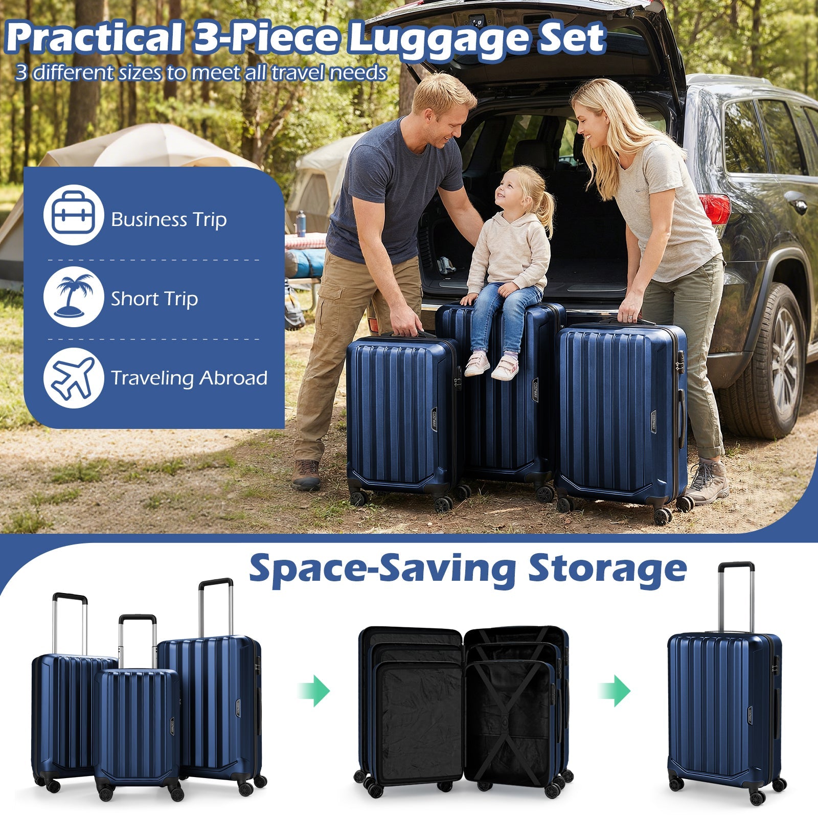 3-Piece Hardside Luggage Set (20/24/28 Inch) Lightweight with 3-Digital Lock - Energize Trek