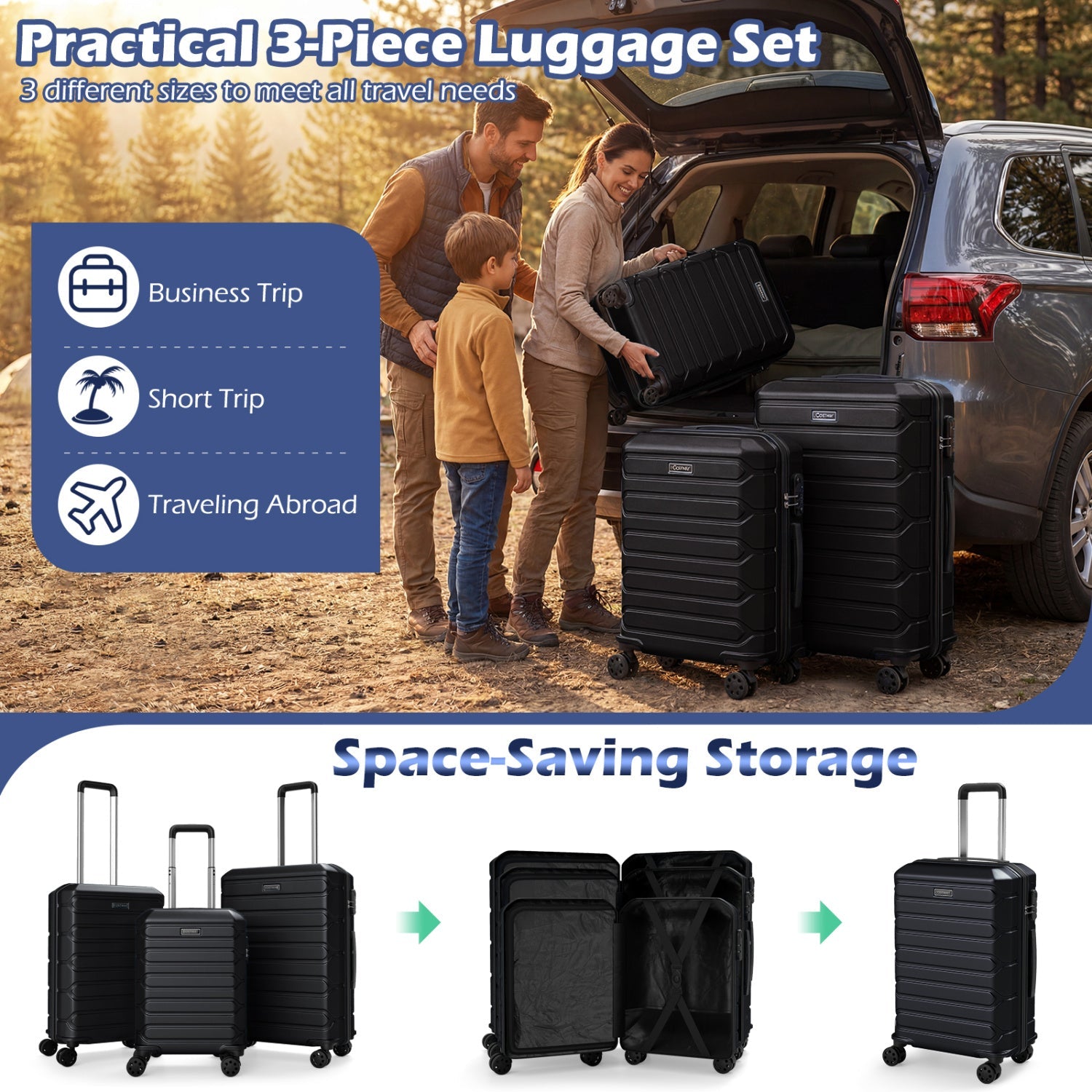 3-Piece Hardside Luggage Set Lightweight Hardside Suitcases with 8-Spinner Wheels - Energize Trek