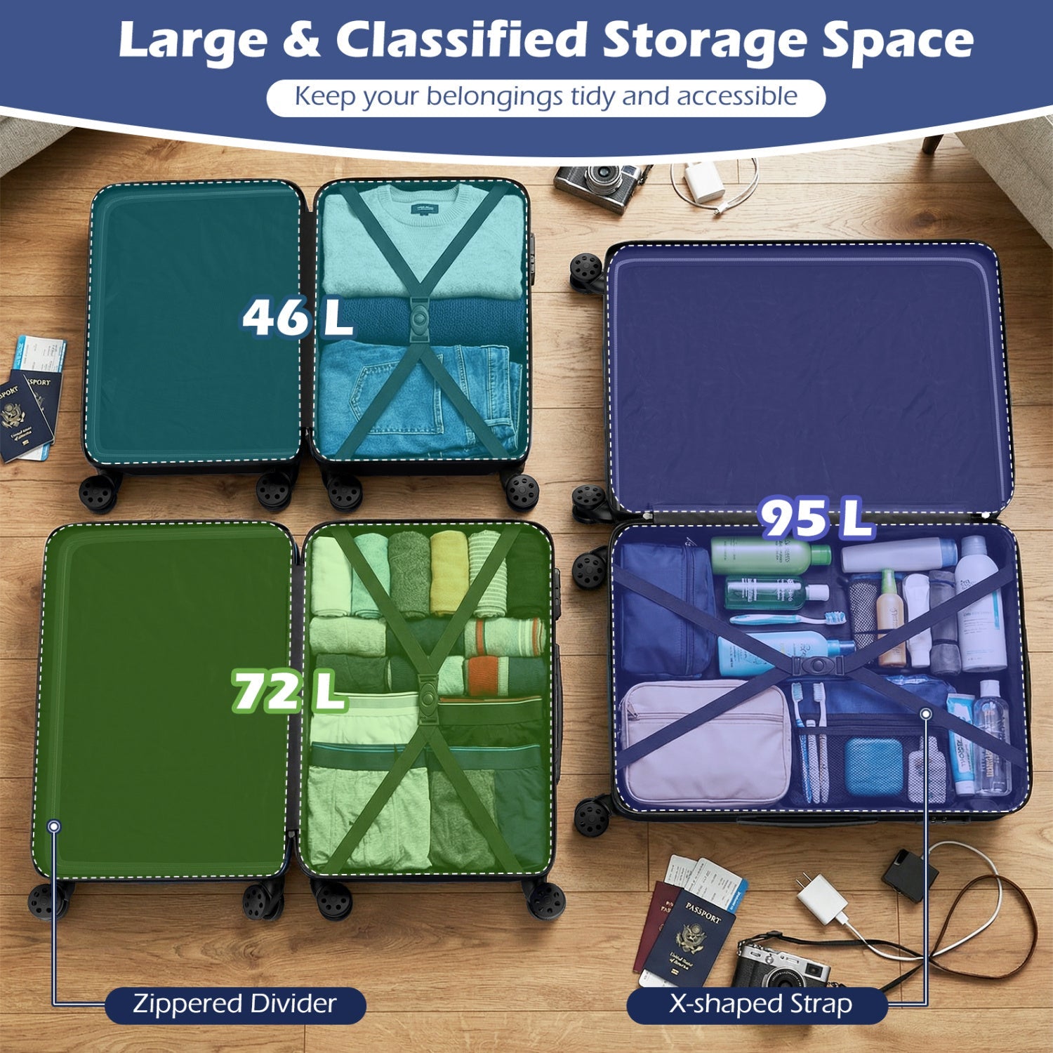 3-Piece Hardside Luggage Set Lightweight Hardside Suitcases with 8-Spinner Wheels - Energize Trek