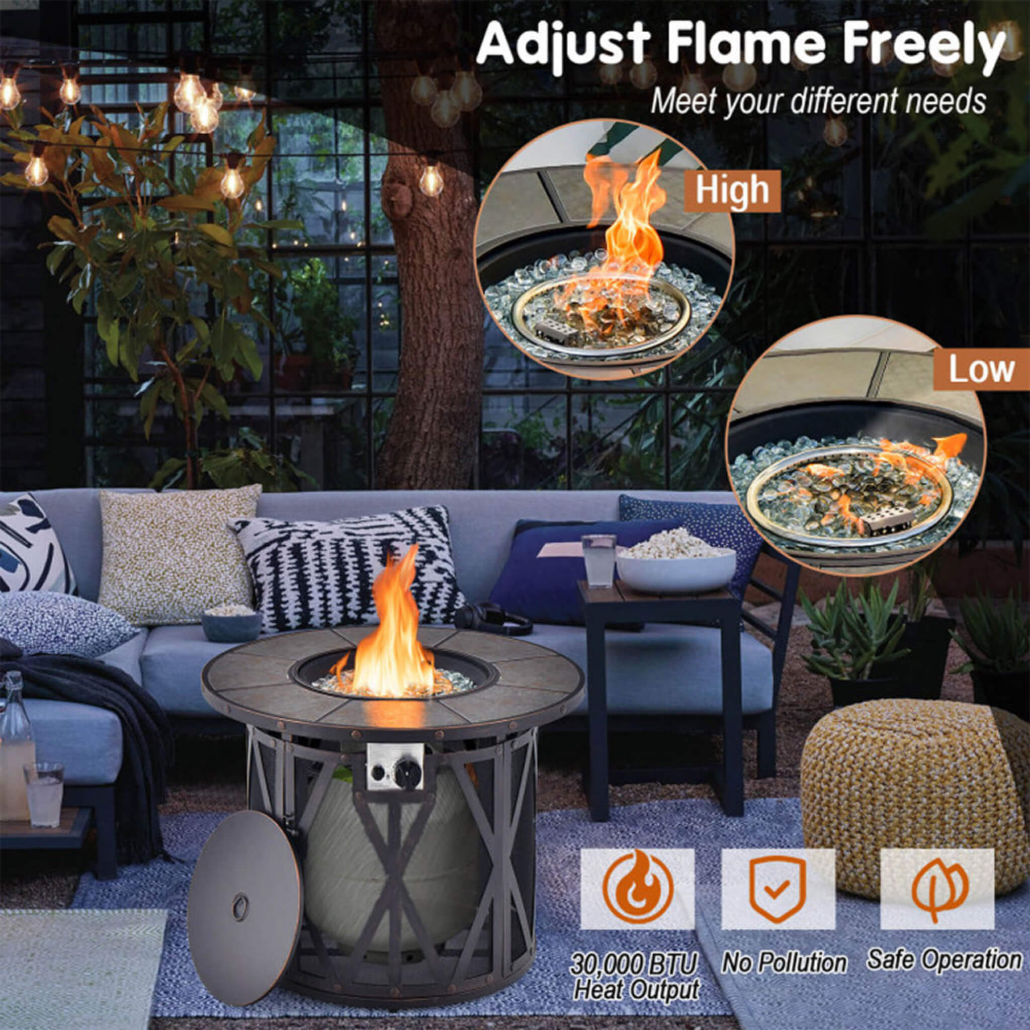30K BTU Premium Outdoor Patio Gas Fire Pit Table With Fire Glass And Cover, 32" (SAK17432) - Energize Trek