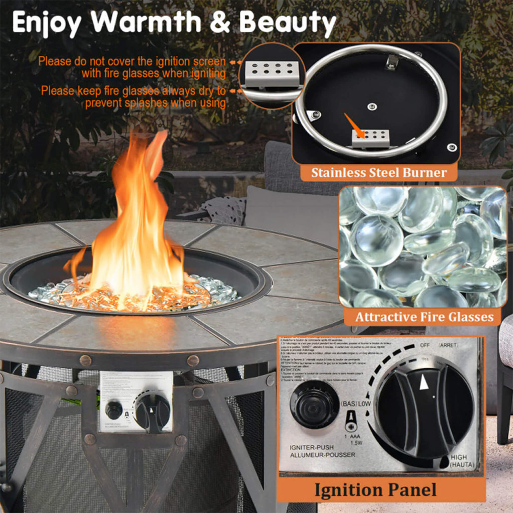 30K BTU Premium Outdoor Patio Gas Fire Pit Table With Fire Glass And Cover, 32" (SAK17432) - Energize Trek