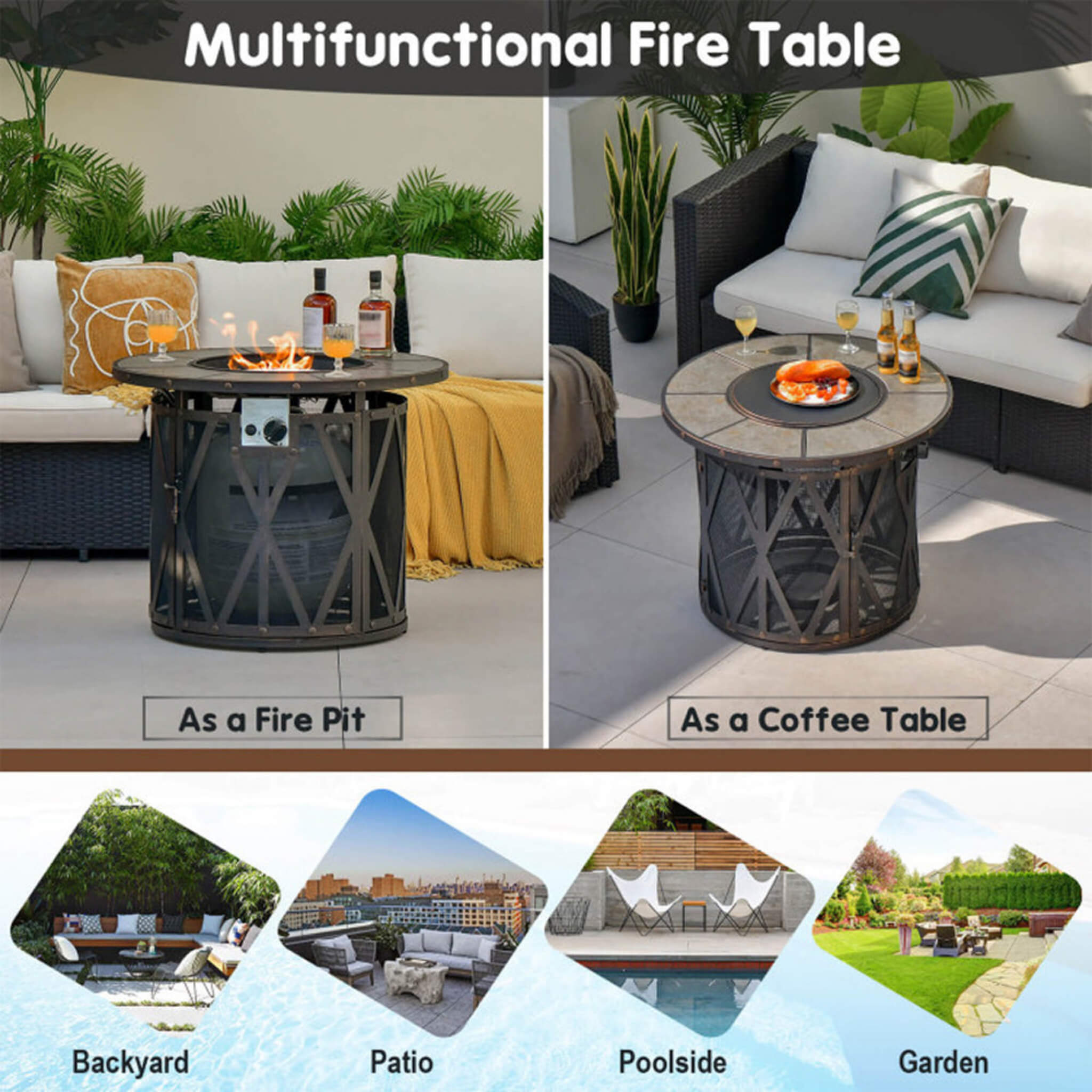 30K BTU Premium Outdoor Patio Gas Fire Pit Table With Fire Glass And Cover, 32" (SAK17432) - Energize Trek