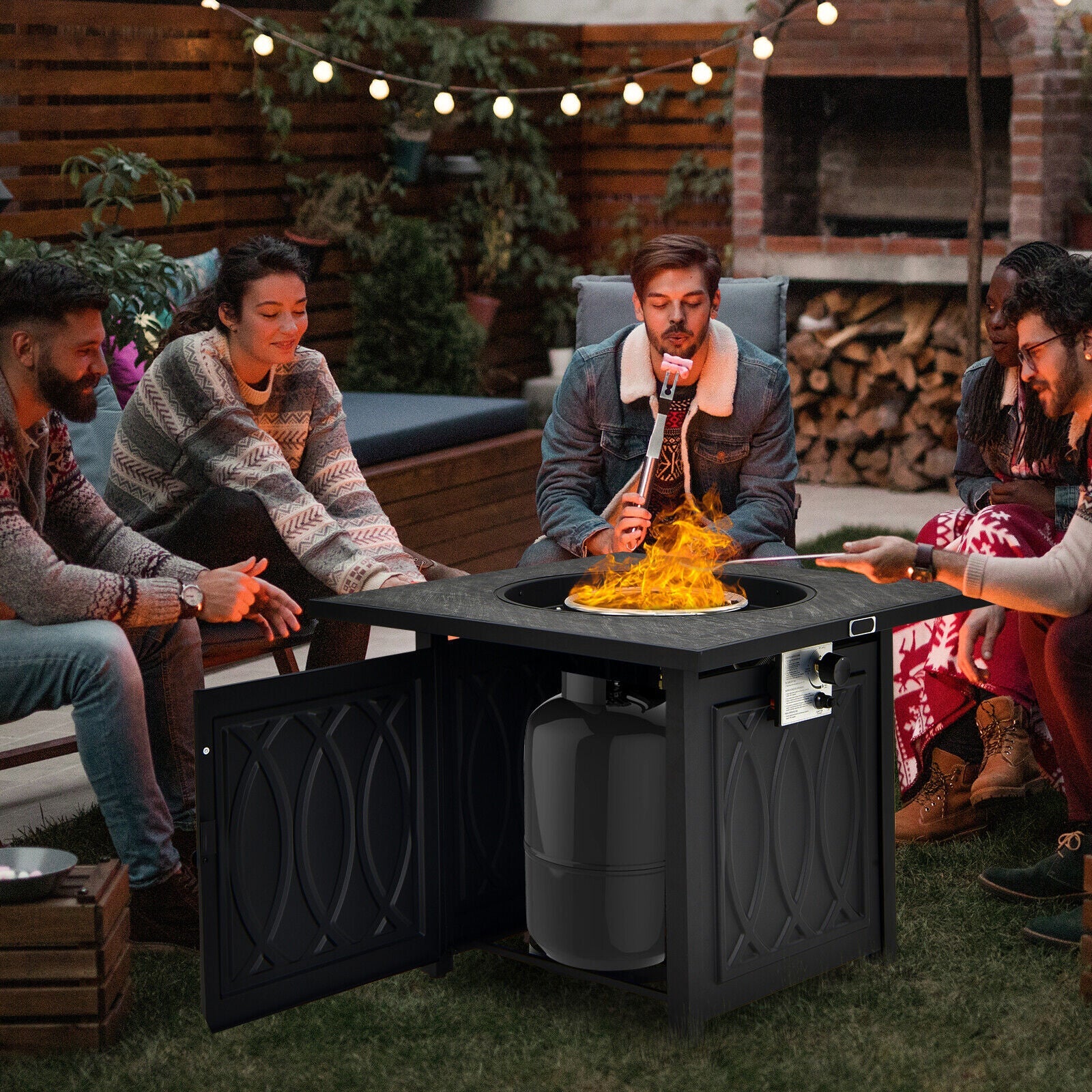 32 Inch Propane Fire Pit Table Square Tabletop with Lava Rocks Cover 50000 BTU-Black - Energize Trek