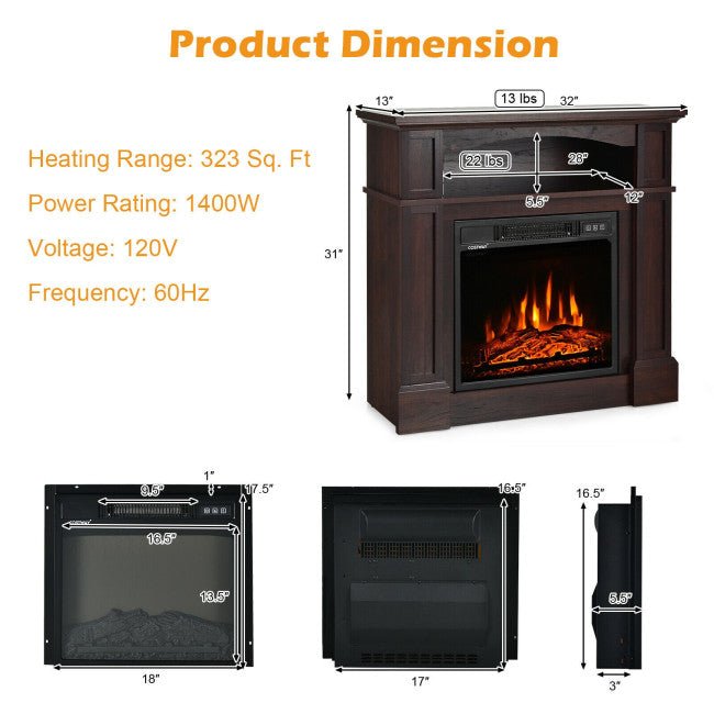 32" Electric TV Stand Entertainment Center Console Fireplace W/ Mantel & Shelf, 1400W (90869345) - Energize Trek