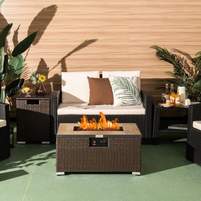 32" Propane Rattan Fire Pit Table Set W/ Side Table Tank & Cover (90165397) - Energize Trek