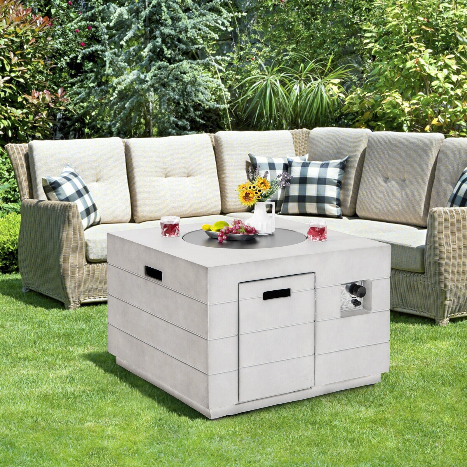 34 Inch Square Concrete Propane Fire Pit Table with Lava Rocks and Cover 50 000 BTU-Gray - Energize Trek