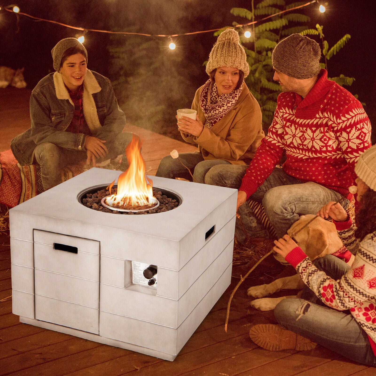 34 Inch Square Concrete Propane Fire Pit Table with Lava Rocks and Cover 50 000 BTU-Gray - Energize Trek