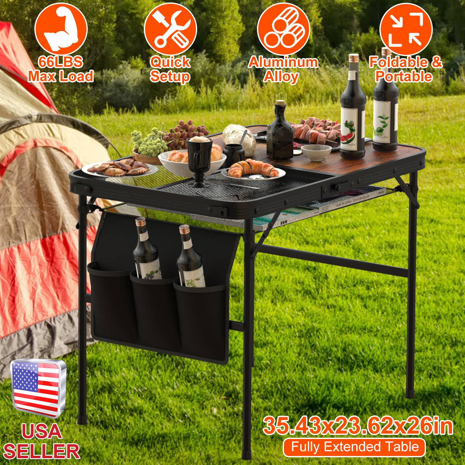 35.43x23.62x26in Foldable Camping Table Collapsible Picnic Aluminum Alloy Grill Stand 66LBS Max Load Height Adjustable BBQ Table with Adjustable Heigh - Energize Trek
