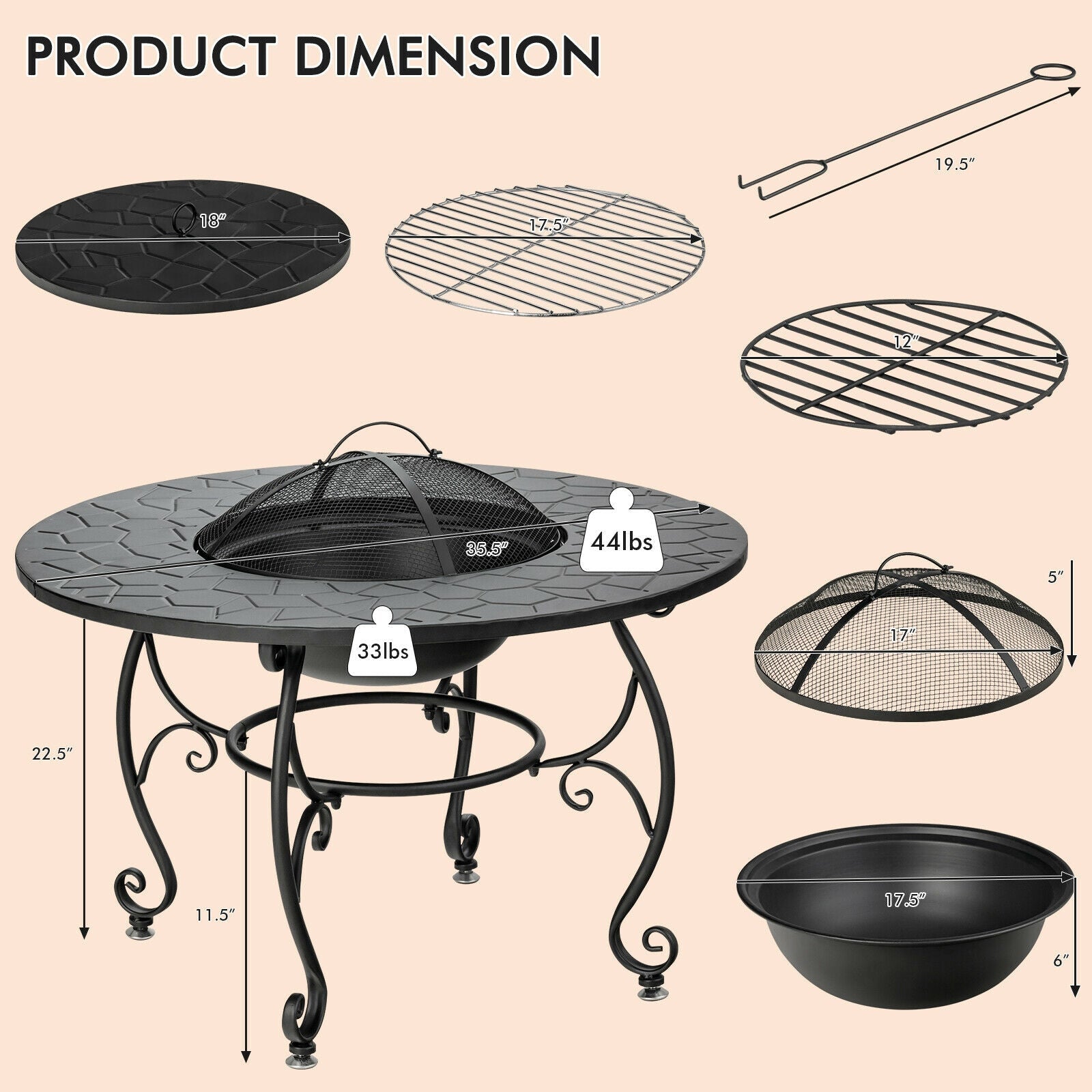 35.5 Feet Patio Fire Pit Dining Table With Cooking BBQ Grate - Energize Trek