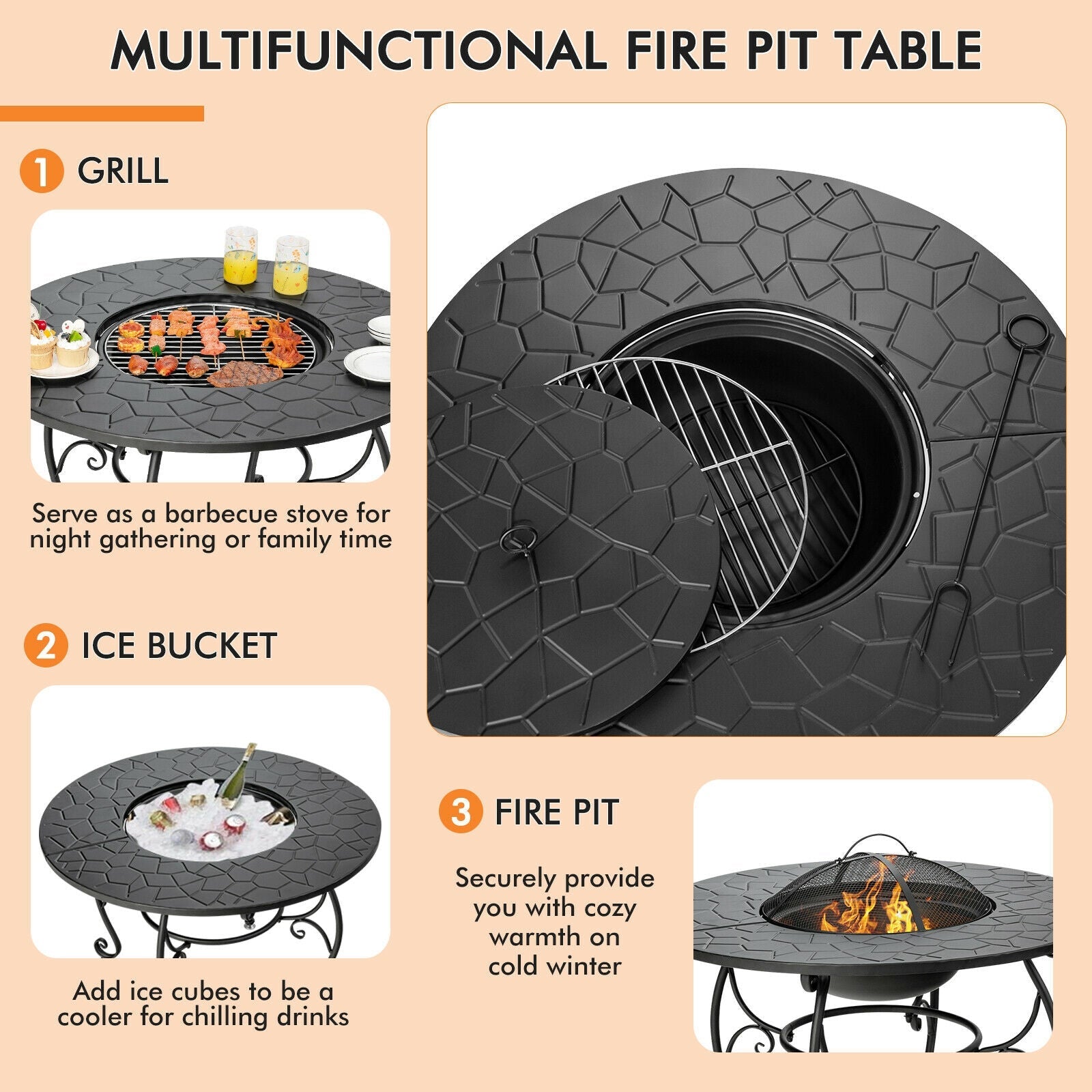 35.5 Feet Patio Fire Pit Dining Table With Cooking BBQ Grate - Energize Trek